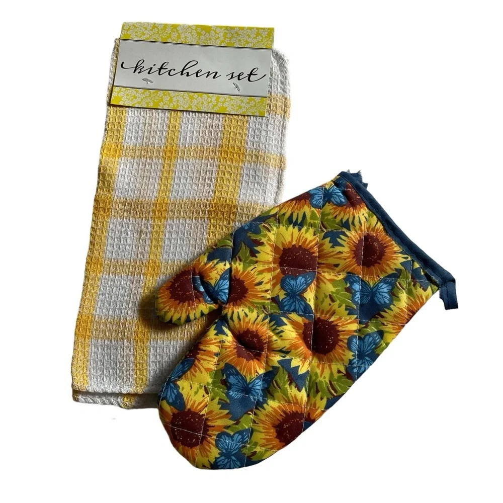 Oven Mitt and Dish Cloths Butterflies and Sunflowers Yellow White Blue